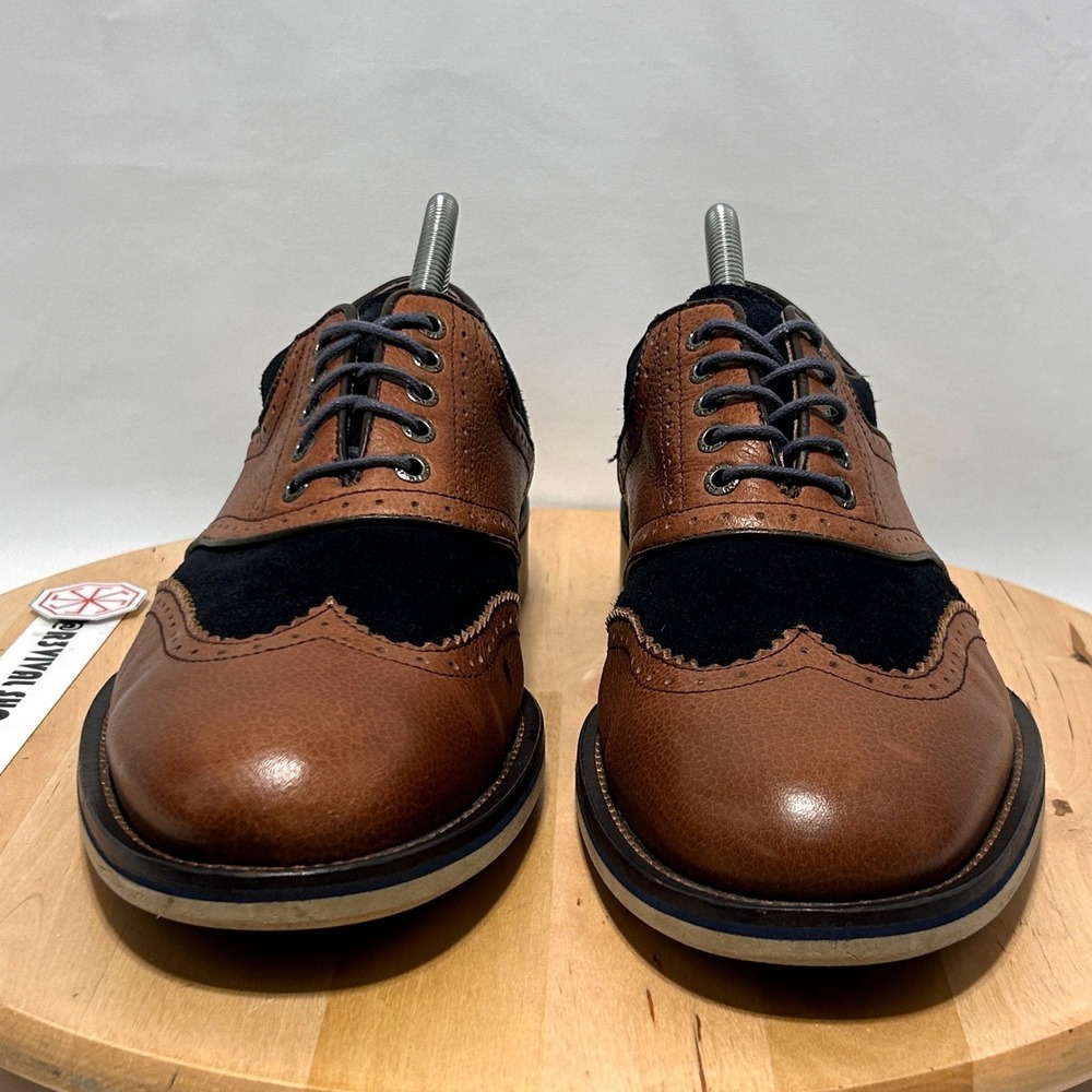 Johnston & Murphy Men's Brown Leather Navy Blue Suede Wingtip Dress Shoes - 9M - Picture 3 of 10
